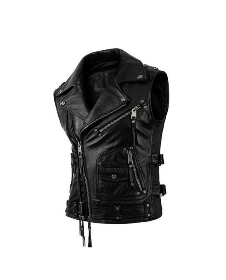 Men's Black Leather Vest Slim Fit Motorcycle Western Etsy