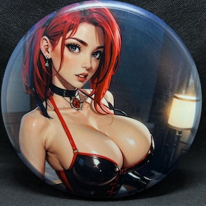 May include: A round button featuring a digital illustration of a woman with red hair and fair skin. She wears a black and red outfit, a choker, and earrings. The background is a dimly lit room with a lamp.