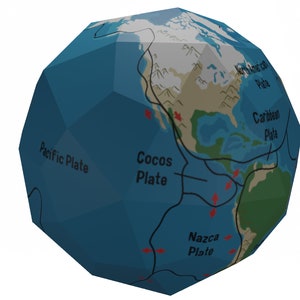 May include: A simplified globe model showing the tectonic plates of the Earth. The Pacific, Nazca, Cocos, and Caribbean plates are labeled. Red arrows indicate the direction of plate movement.