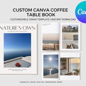 May include: A custom Canva coffee table book template with the text "Nature's Own" and a curated home collection. The book features images of the ocean and beach scenes. The Canva logo is in the upper right corner.