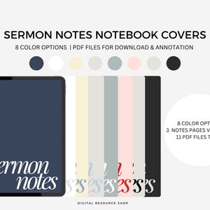 Könnte beinhalten: Digitale Notizbuch-Cover mit dem Text "Sermon Notes". Das Bild zeigt ein Tablet mit einem marineblauen Bildschirm und den Worten "sermon notes" in Weiß. Acht Farboptionen werden zusammen mit dem Text "8 Farboptionen, 3 Notizseiten-Variationen, 11 PDF-Dateien insgesamt" angezeigt.