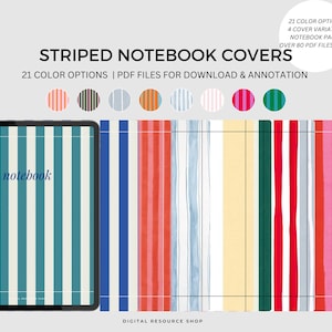 Peut inclure: Couvertures de cahiers numériques à rayures de différentes couleurs, dont le bleu, le rouge et le vert. L'image montre une tablette affichant une couverture à rayures verticales et le mot "notebook". Le texte indique 21 options de couleurs et plus de 80 fichiers PDF.