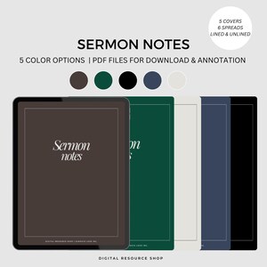 Può includere: Note di sermone digitali in formato PDF, disponibili per il download e l'annotazione. L'immagine mostra un tablet con una copertina marrone, insieme ad altre quattro opzioni di colore: verde, nero, blu navy e bianco. Il testo recita "Sermon Notes".