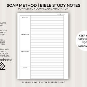 May include: A digital PDF printable for Bible study notes, featuring the SOAP method. The minimalist design includes lined and unlined options, compatible with Goodnotes and other PDF applications. The text reads "Keep your Bible study notes organized!"
