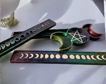 Moon phase Incense burner set, tea light tray, incense storage box, dark colors, glitter, altar accessories, witchy gifts, home decor