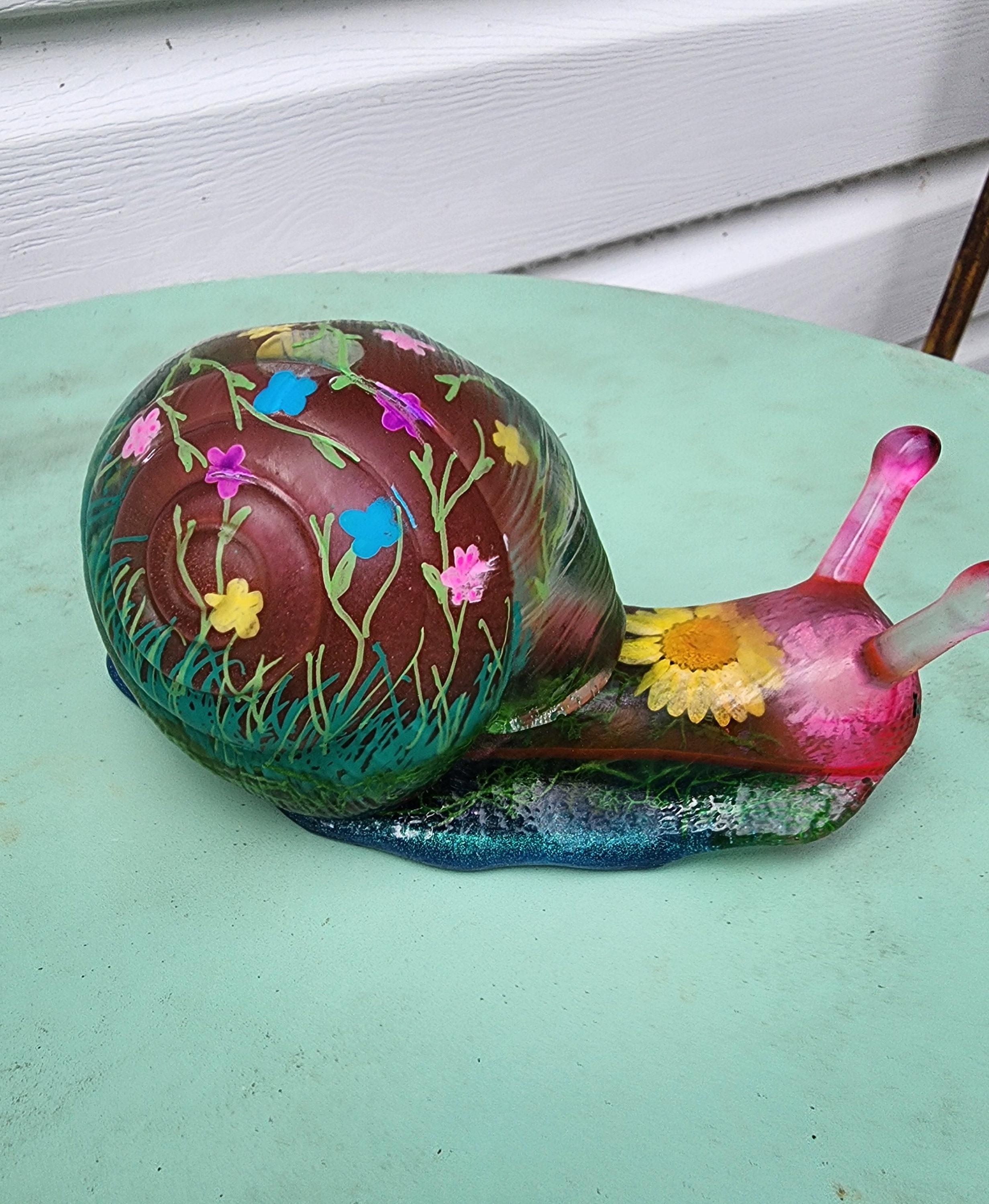 Snail, snow globe snail, home decor, resin shaker, cottagecore, boho, snail decor, shelf decor, table decor, colorful decor, dried moss