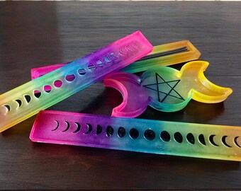 Moon phase Incense burner, tea light tray, incense storage box set, rainbow color, witchy gifts, altar accessories, incense holder, glow