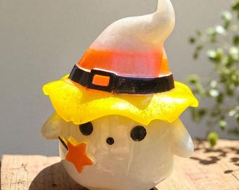 Ghost jar with candy corn witch hat lid. Trinket jar. Halloween decor. Fall decor. Ghost decor. Shelf decor. Home decor. Table ornament