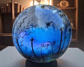 Halloween snow globe,home decor,Halloween decor, spooky, cemetery,resin snow globe,shelf decor, bats, witchy decor,resin shaker, creepy