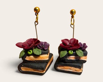 Book stack dangle earrings, vintage books, clay earrings, costume jewelry, roses, flowers, handmade jewelry, Halloween, spooky, accessories