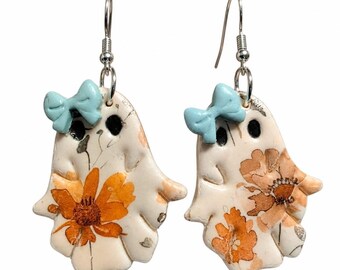 Halloween/Fall ghost dangle earrings. Pumpkin. Bows. Floral ghosties. Seasonal jewelry. Spooky season.