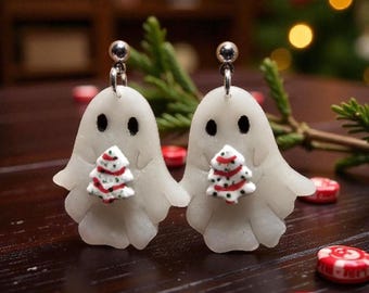 Christmas ghost dangle earrings, Christmas snack cake, ghosty, Xmas earrings, holiday jewelry, holiday accessories, candy cane, gingerbread