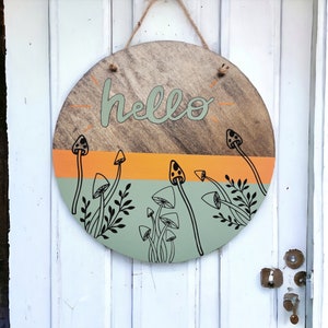 Front Door Decor, Mushroom Door Sign, Hello Sign, Wooden Door Hanger ...