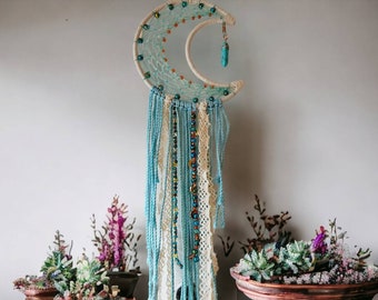 Moon wall hanging, dream catcher, macrame, moon decor, beaded decor, car charms, car decor, wall decor, boho decor, rearview mirror, macrame