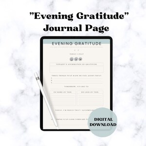 Página del diario de gratitud vespertino; Seguimiento del estado de ánimo; Azul calmante; Producto digital e imprimible PFD de tamaño A4 y Carta estadounidense