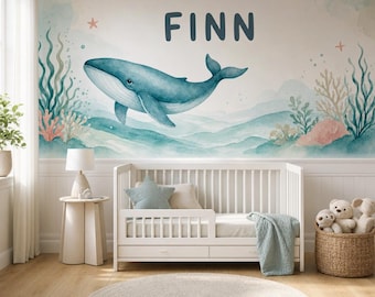 Light Blue Whale Finn Wallpaper for Playroom Decor
