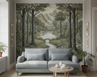 Green Enchanted Forest River Wallpaper for Living Room