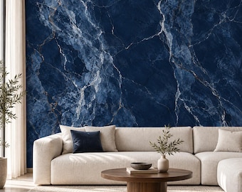Traditional Wallpaper, Dark Blue Marble with Gold Veins