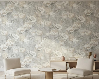 Beige Botanical Wallpaper with Balanced Rhythm