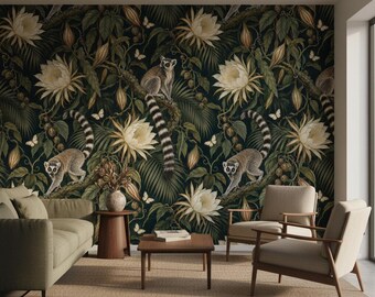 Dark Green Floral Wallpaper with Cream Blooms