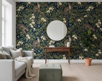 Wallpaper with Clouded Leopards and Orchids on Dark Blue