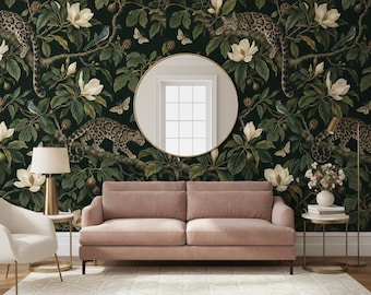 Traditional Wallpaper, Dark Jungle Leopard and Magnolia Pattern