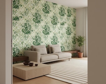 Traditional Wallpaper, Green Swirls Botanical Pattern