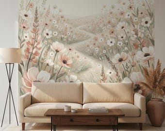 Pink Wildflower Meadow Path Wallpaper for Living Room