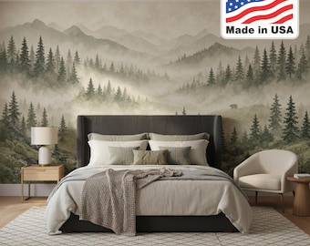 Green Misty Mountain Forest Wallpaper for Living Room