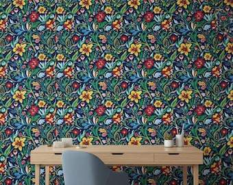 Yellow Flowers Wallpaper for Painterly Floral Pattern Living Room