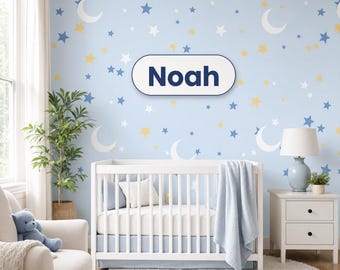 Personalized Nursery Wallpaper, Stars, Clouds, Balloons, Hearts, Rainbow (Peel & Stick or Non-Woven)