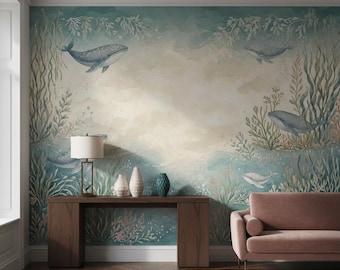 Whales Wallpaper for Underwater Marine Life Watercolor Nursery