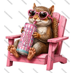 May include: A cartoon squirrel wearing heart-shaped sunglasses is relaxing in a pink Adirondack chair. The squirrel is holding a can of "Alan" Cotton Candy Energy drink with a pink straw. The image has a whimsical and playful theme.