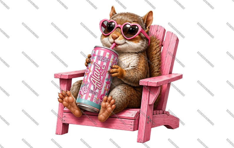 May include: A cartoon squirrel wearing heart-shaped sunglasses is relaxing in a pink Adirondack chair. The squirrel is holding a can of "Alan" Cotton Candy Energy drink with a pink straw. The image has a whimsical and playful theme.