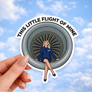 May include: A sticker with a cartoon illustration of a woman in a blue uniform seated on a jet engine. The text "THIS LITTLE FLIGHT OF MINE" is in a circular design around the engine.