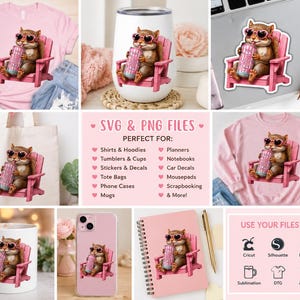 May include: Various pink items featuring a cartoon squirrel wearing sunglasses and relaxing in a pink chair while holding a drink. Items include a t-shirt, tumbler, sticker, tote bag, phone case, mug, and sweatshirt.