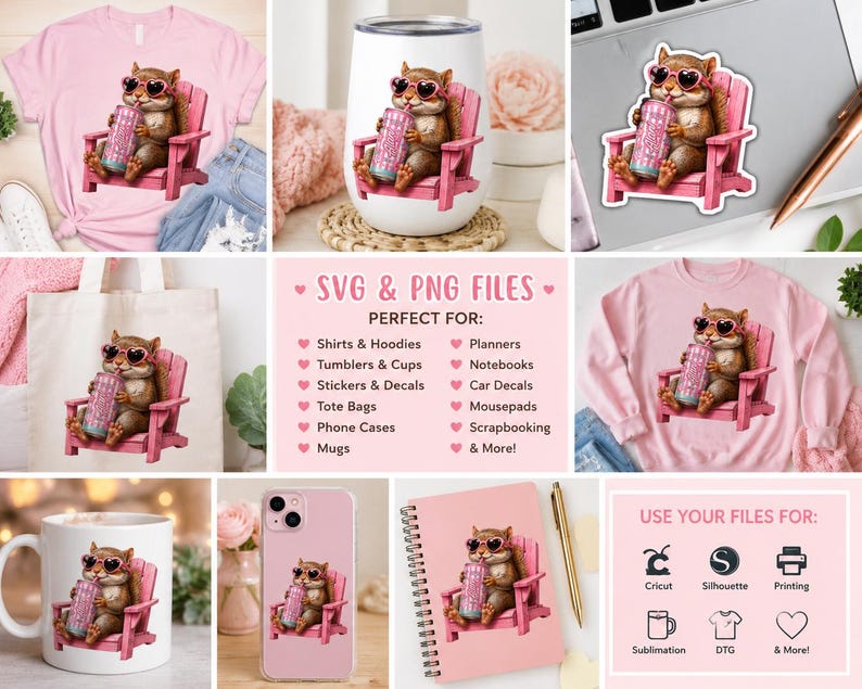 May include: Various pink items featuring a cartoon squirrel wearing sunglasses and relaxing in a pink chair while holding a drink. Items include a t-shirt, tumbler, sticker, tote bag, phone case, mug, and sweatshirt.