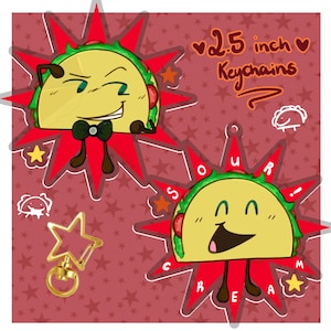 May include: Two cartoon taco keychains, each 2.5 inches, with smiling faces and red starburst designs. One has a bow tie, the other says "SOUR CREAM!" in a circle. The background is red with star patterns.