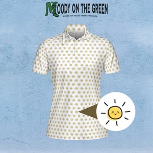 Ladies Golf Polo Sunshine Shirt, Happy Cartoon Sun Printed Collared Shirt