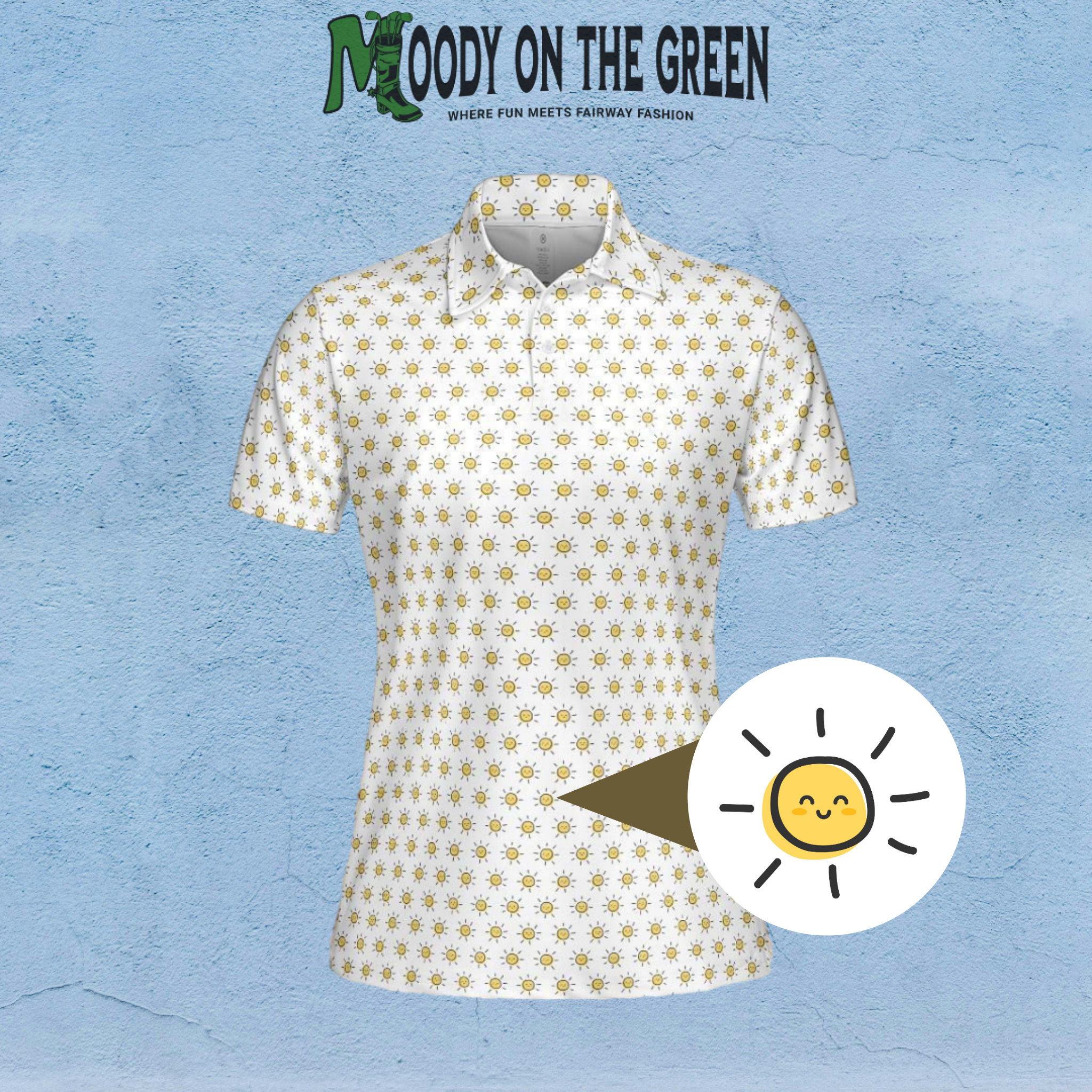 Ladies Golf Polo Sunshine Shirt, Happy Cartoon Sun Printed Collared Shirt
