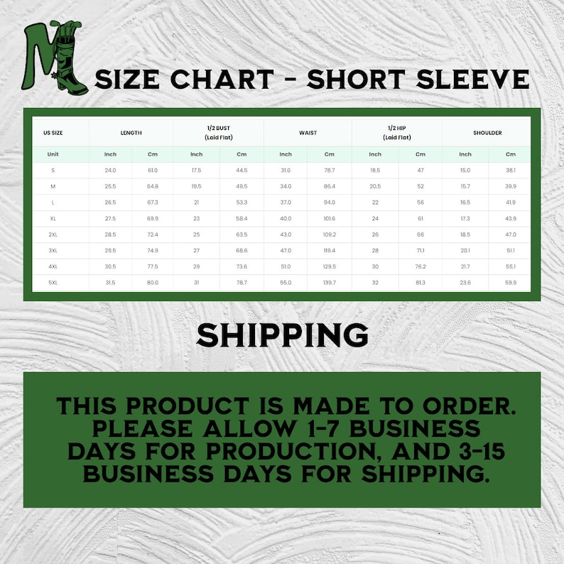May include: Size chart for short-sleeve shirts with measurements in inches and centimeters. The chart includes sizes from Small to 5XL, with measurements for length, bust, waist, hip, and shoulder.