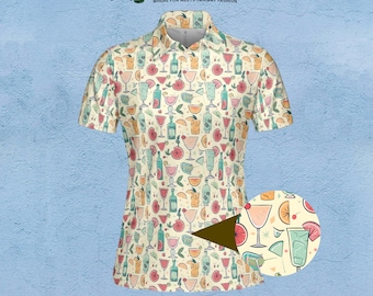 Retro Groovy Cocktail Golf Polo for Women Golfers, Ladies Funny Alcohol Drink Athletic Collared Shirt, Cute Gift for Her