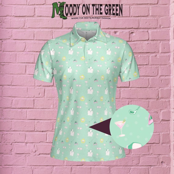 Preppy Green and Hot Pink Golf Polo for Ladies, Cute Girly Mint Martini and Daisy Mint Polka Dot Printed Collared Shirt for Women