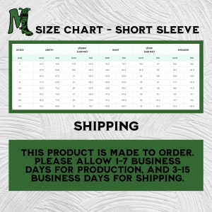 May include: Size chart for short-sleeved shirts with measurements in inches and centimeters. The chart includes sizes from Small to 5XL, with measurements for length, bust, waist, hip, and shoulder.
