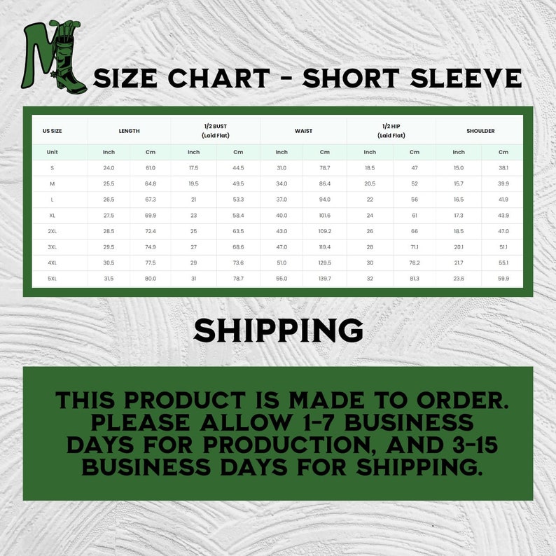 May include: Size chart for short-sleeved shirts with measurements in inches and centimeters. The chart includes sizes from Small to 5XL, with measurements for length, bust, waist, hip, and shoulder.