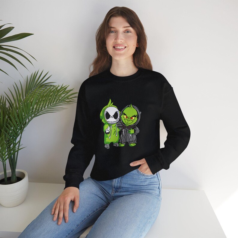 Jack Skellington and Grinch Crewneck Sweatshirt | Halloween Mashup image 10