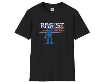 Resist with Blue Cartoon Character T-Shirt | Distressed Flag Graphic