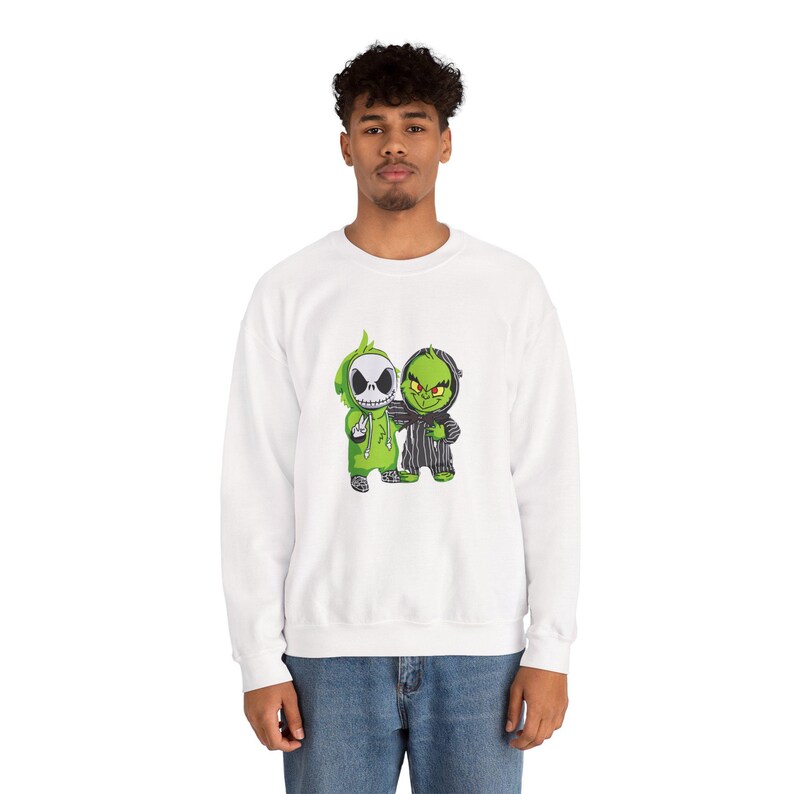 Jack Skellington and Grinch Crewneck Sweatshirt | Halloween Mashup image 11