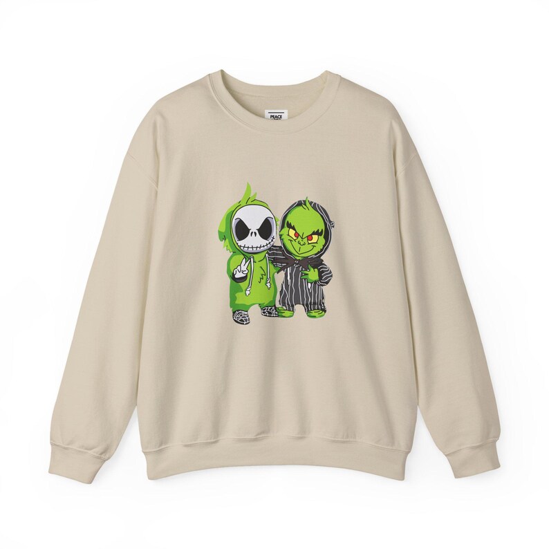 Jack Skellington and Grinch Crewneck Sweatshirt | Halloween Mashup image 3