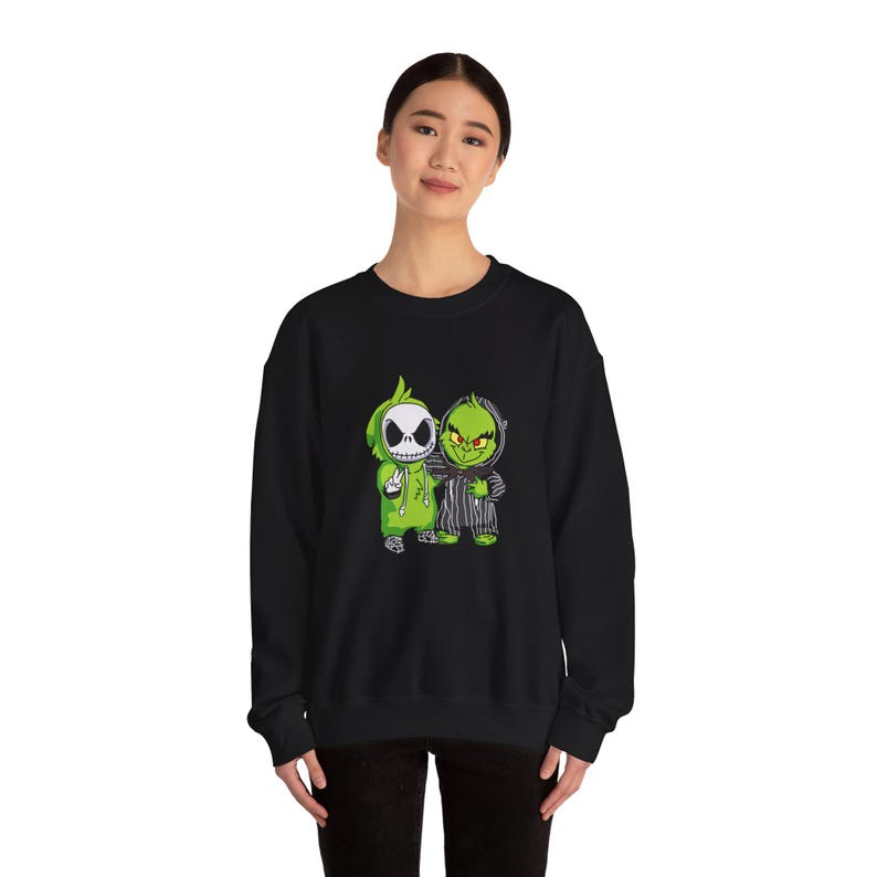 Jack Skellington and Grinch Crewneck Sweatshirt | Halloween Mashup image 9